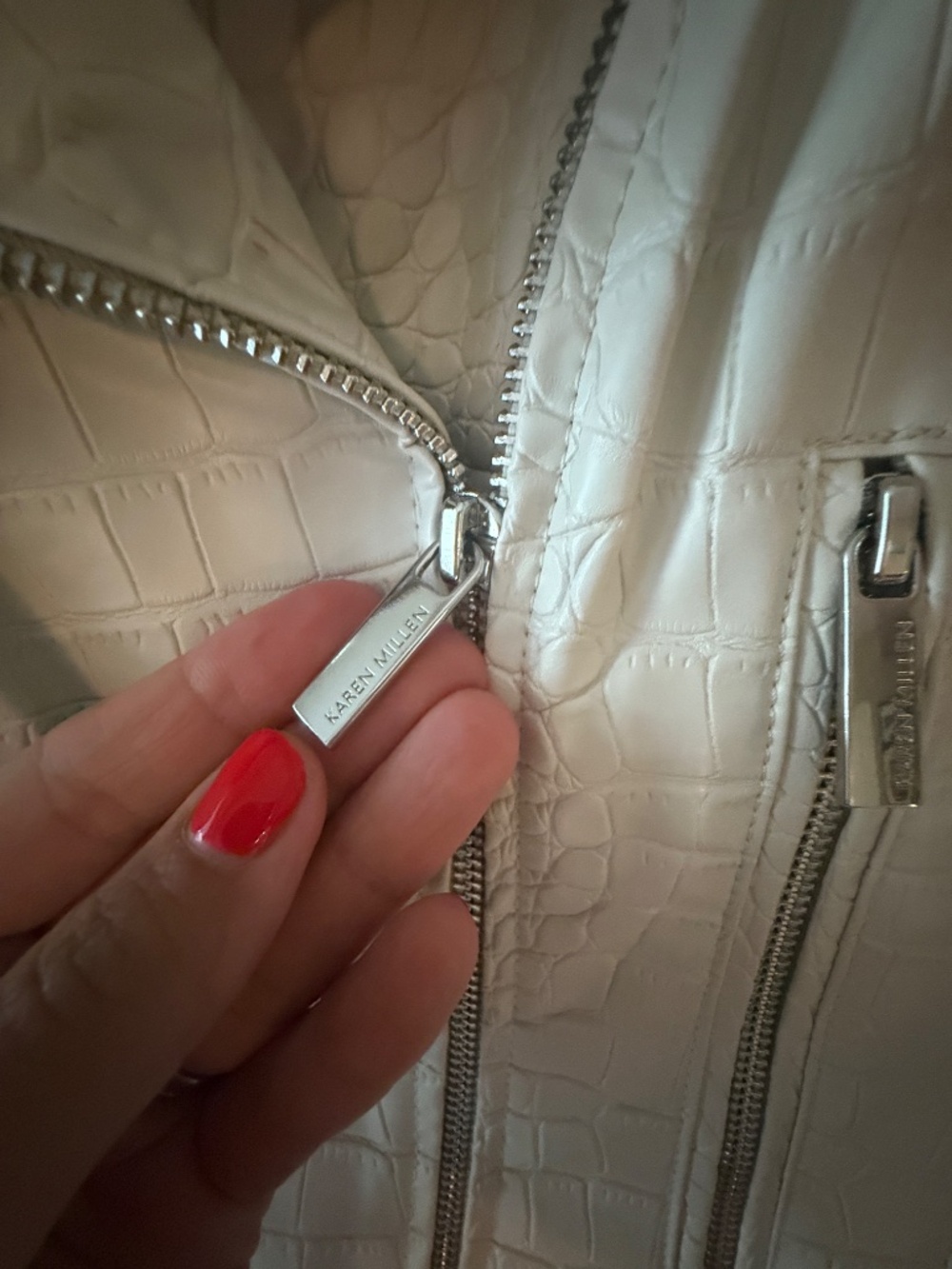 NWOT Karen Millen Cream Croc Embossed Faux Leather Biker Jacket Size Small - Picture 4 of 7